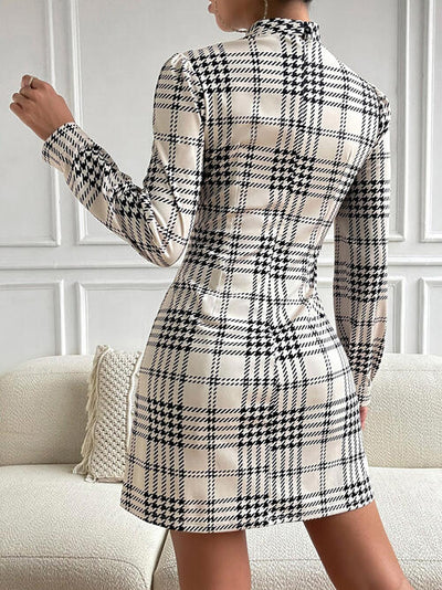 BEAUTIFUL I AM Houndstooth Mock Neck Cinched Mini Dress