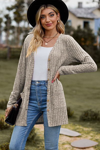 BEAUTIFUL I AM Ribbed Button-UP Cardigan with Pockets