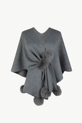 BEAUTIFUL I AM Surplice Neck Pom-Pom Trim Poncho