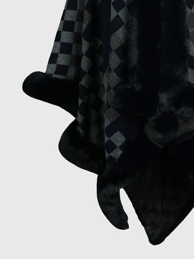 BEAUTIFUL I AM Checkered Faux Fur Trim Poncho