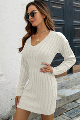 BEAUTIFUL I AM Cable-Knit V-Neck Long Sleeve Mini Sweater Dress