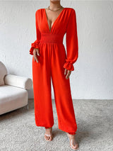 BEAUTIFUL I AM Plunge Smocked Flounce Sleeve Pants Jumpsuit