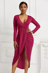 BEAUTIFUL I AM High-low Ruched Surplice Long Sleeve Dress