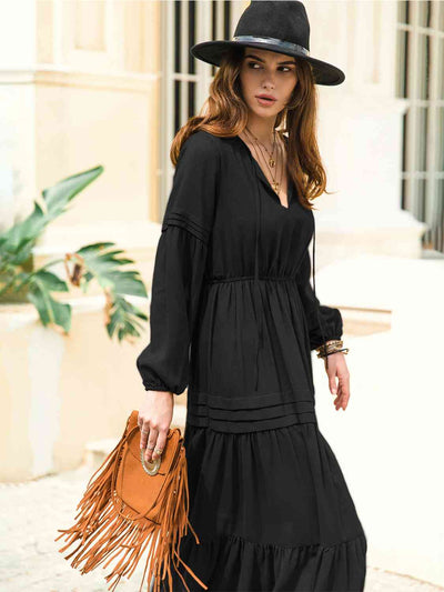 BEAUTIFUL I AM Tie Neck Long Sleeve Midi Tiered Dress