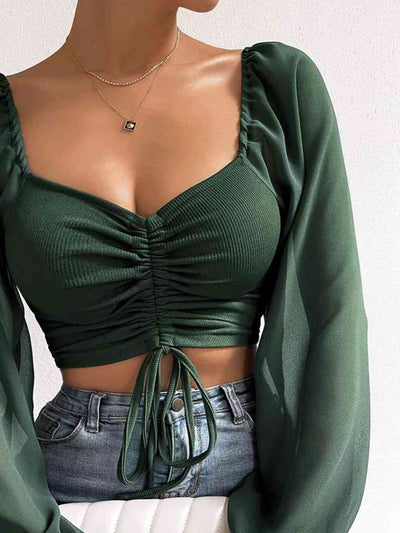 BEAUTIFUL I AM Drawstring Sweetheart Neck Cropped Top Shirt