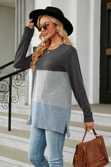 BEAUTIFUL I AM Color Block Round Neck Long Sleeve Slit Shirt