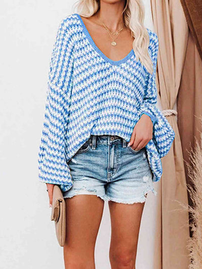 BEAUTIFUL I AM Striped Drop Shoulder V-Neck Sweater