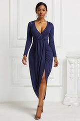 BEAUTIFUL I AM High-low Ruched Surplice Long Sleeve Dress