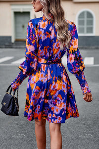 BEAUTIFUL I AM Printed Tie Waist Mock Neck Lantern Sleeve Dress