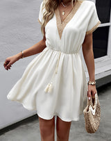 BEAUTIFUL I AM Contrast V-Neck Tassel Tie Dress