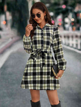 BEAUTIFUL I AM Plaid Tie Front Collared Neck Long Sleeve Dress