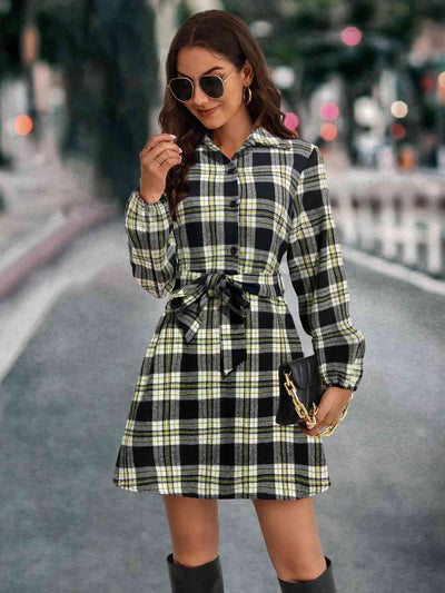 BEAUTIFUL I AM Plaid Tie Front Collared Neck Long Sleeve Dress