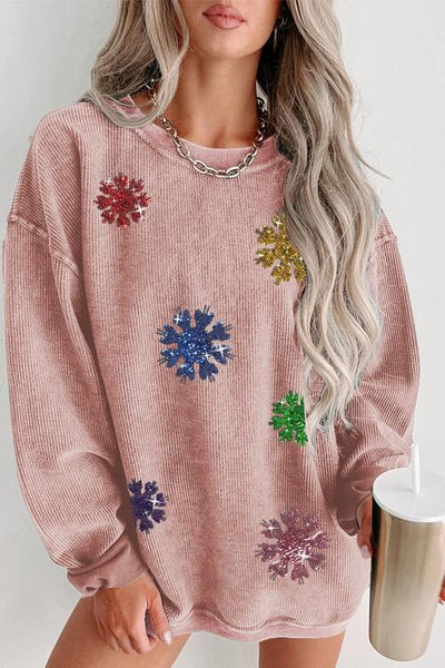 BEAUTIFUL I AM Sequin Snowflake Round Neck Sweatshirt