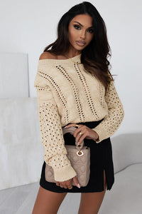 BEAUTIFUL I AM Full Size Openwork Cable-Knit Round Neck Knit Top Shirt