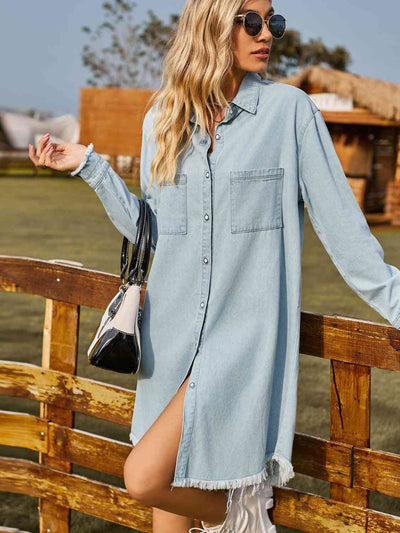 BEAUTIFUL I AM Button Up Collared Neck Raw Hem Denim Dress