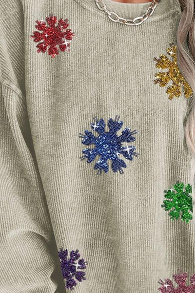 BEAUTIFUL I AM Sequin Snowflake Round Neck Sweatshirt