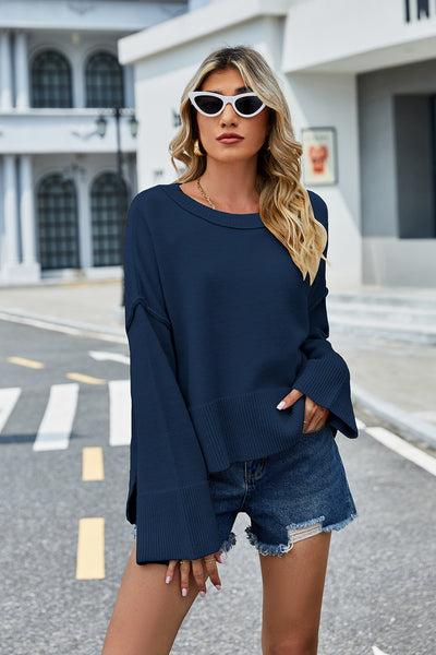 BEAUTIFUL I AM Round Neck Dropped Shoulder Slit Sweater