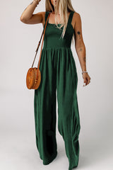 BEAUTIFUL I AM Smocked Square Neck Wide Leg Pants Jumpsuit with Pockets