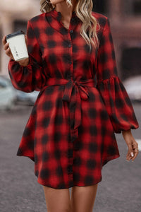 BEAUTIFUL I AM Plaid Tie Waist Balloon Sleeve Mini Dress