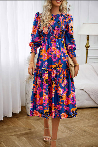 BEAUTIFUL I AM Printed Smocked Lantern Sleeve Ruffled Dress