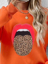 BEAUTIFUL I AM Leopard Lip Graphic Round Neck Sweatshirt