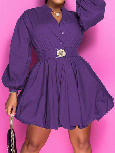 BEAUTIFUL I AM Notched Button Up Balloon Sleeves Dress