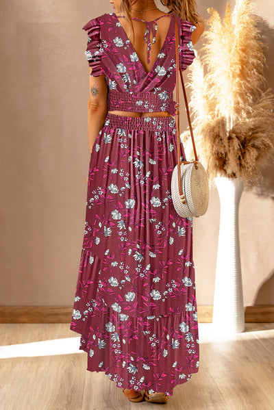 BEAUTIFUL I AM Printed Tie Back Cropped Top and Maxi Dress Set