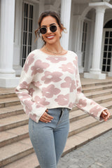 BEAUTIFUL I AM Round Neck Flower Pattern Dropped Shoulder Pullover Sweater