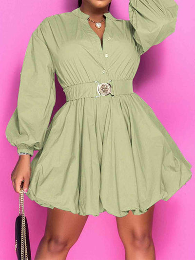 BEAUTIFUL I AM Notched Button Up Balloon Sleeves Dress