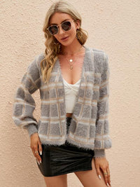 BEAUTIFUL I AM Open Front Plaid Long Sleeve Cardigan