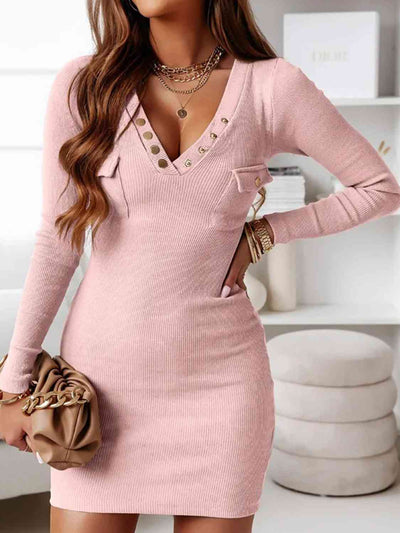 BEAUTIFUL I AM V-Neck Long Sleeve Ribbed Dress