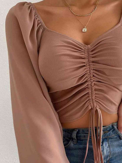 BEAUTIFUL I AM Drawstring Sweetheart Neck Cropped Top Shirt