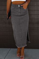 BEAUTIFUL I AM Raw Hem Slit Pocketed Midi Denim Dress Skirt