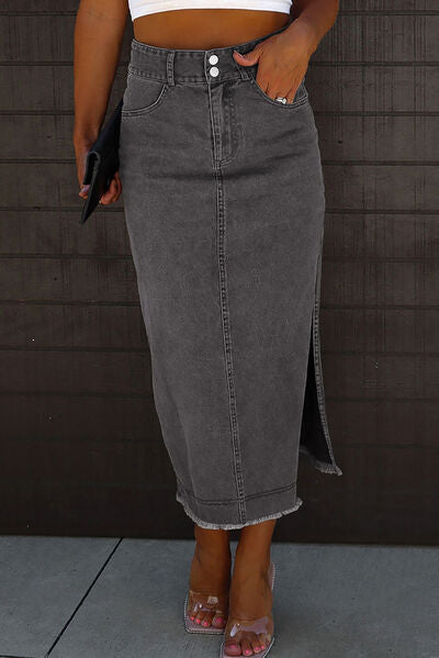 BEAUTIFUL I AM Raw Hem Slit Pocketed Midi Denim Dress Skirt