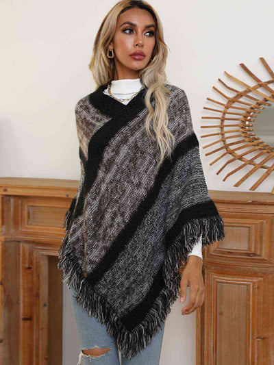 BEAUTIFUL I AM V-Neck Poncho with Fringes