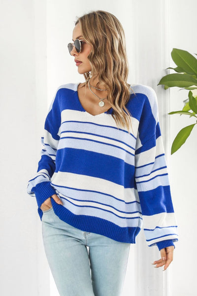 BEAUTIFUL I AM Striped V-Neck Dropped Shoulder Sweater