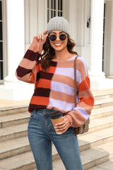 BEAUTIFUL I AM Round Neck Long Sleeve Color Block Dropped Shoulder Pullover Sweater