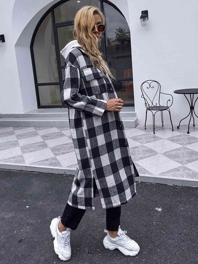 BEAUTIFUL I AM Plaid Collared Neck Slit Longline Jacket Coat