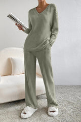 BEAUTIFUL I AM Ribbed V-Neck Top and Pants Set