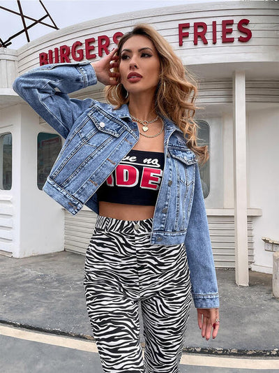 BEAUTIFUL I AM Collared Neck Cropped Denim Jacket