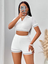 BEAUTIFUL I AM Waffle-Knit Collared Neck Cropped Top and Shorts Set