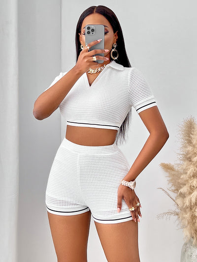 BEAUTIFUL I AM Waffle-Knit Collared Neck Cropped Top and Shorts Set