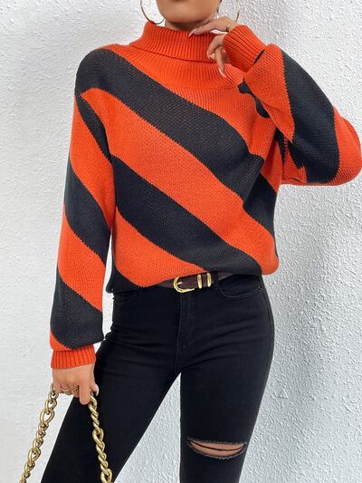 BEAUTIFUL I AM Striped Turtleneck Dropped Shoulder Sweater