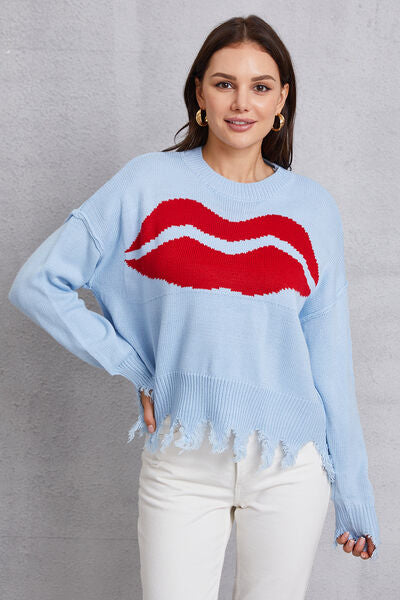 BEAUTIFUL I AM Lip Fringe Round Neck Sweater