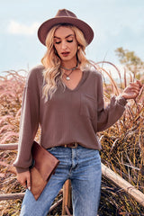 BEAUTIFUL I AM V-Neck Dropped Shoulder Waffle-Knit Blouse Shirt