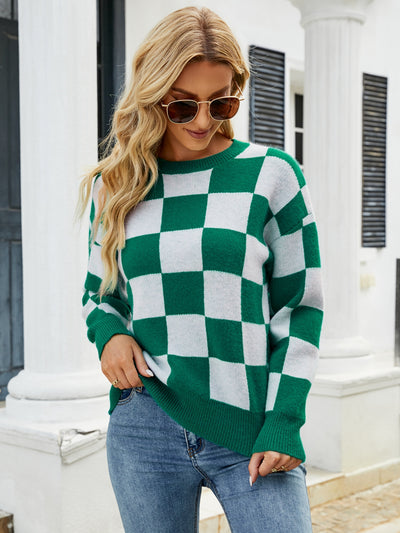 BEAUTIFUL I AM Checkered Round Neck Sweater