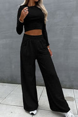 BEAUTIFUL I AM Round Neck Long Sleeve Top and Elastic Waist Pants Set