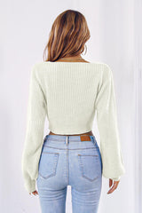 BEAUTIFUL I AM Bow V-Neck Long Sleeve Cropped Sweater