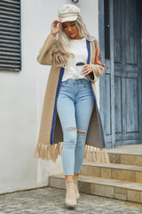 BEAUTIFUL I AM Geometric Fringe Hem Open Front Duster Cardigan