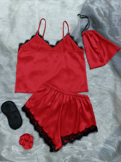 BEAUTIFUL I AM Lace Trim Cami, Shorts, Eye Mask, Scrunchie, and Bag Pajama Set Sleep Wear